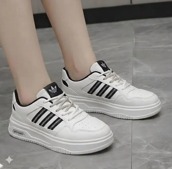 Women's Korean Style Multi-Stripe Platform Sneakers - White and Black - Available at AfnoBazar Nepal