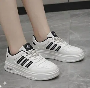 Women's Korean Style Multi-Stripe Platform Sneakers - White and Black - Available at AfnoBazar Nepal
