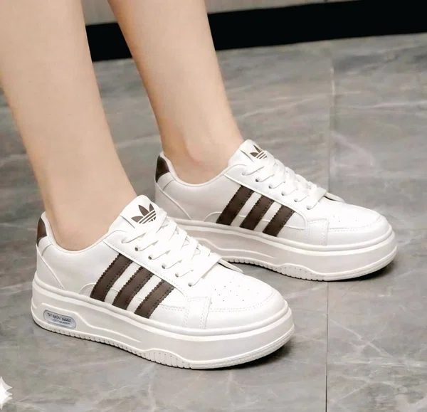 Women's Korean Style Striped Platform Sneakers - Beige and Brown - Available at AfnoBazar Nepal