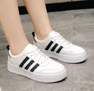 Women's Korean Style Three-Stripe Sneakers - Off White and Black - Available at AfnoBazar Nepal