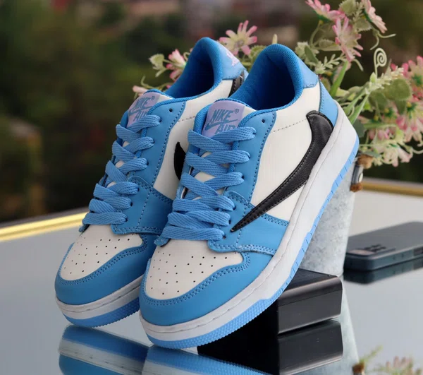 Women's Low-Top Sneakers with Black Side Panel - Blue and Cream - Available at AfnoBazar Nepal