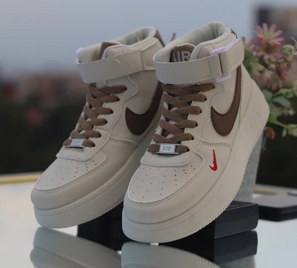 Women's Mid-Top Sneakers with Ankle Strap - Beige and Brown - Available at AfnoBazar Nepal