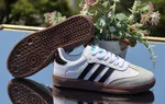 Women's Retro Three-Stripe Sneakers with Brown Sole - White and Black - Available at AfnoBazar Nepal