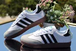 Women's Retro Three-Stripe Sneakers with Brown Sole - White and Black - Available at AfnoBazar Nepal
