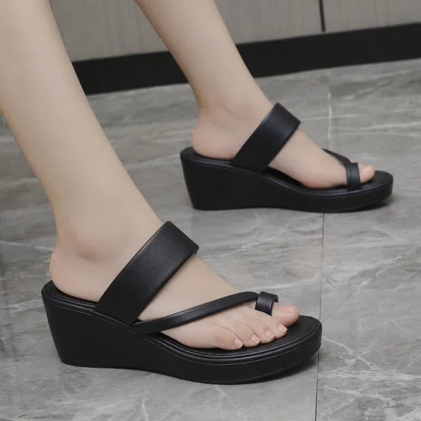 Women's Genuine Leather Toe Loop Platform Wedge Slides - Black - Available at AfnoBazar Nepal