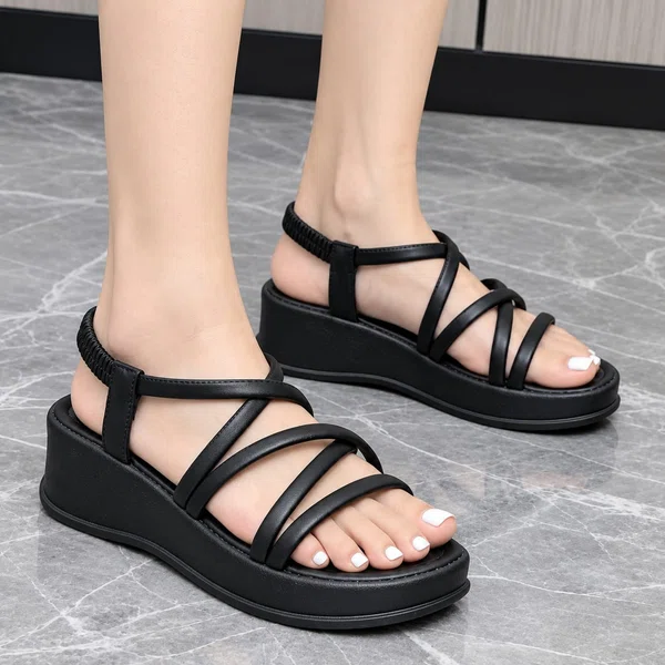 Women's Genuine Leather Strappy Platform Wedge Sandals - Black - Available at AfnoBazar Nepal