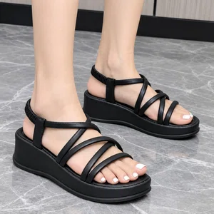 Women's Genuine Leather Strappy Platform Wedge Sandals - Black - Available at AfnoBazar Nepal