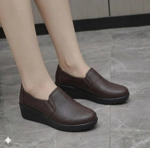 Women's Soft Leather Wedge Heel Pumps for Office and Casual Wear - Coffee - Available at AfnoBazar Nepal