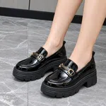 Women's Patent Chunky Loafers with Gold Buckle - Black - Available at AfnoBazar Nepal