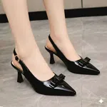 Women's Patent Pointed Toe Slingback Heels with Flat Bow - Black - Available at AfnoBazar Nepal