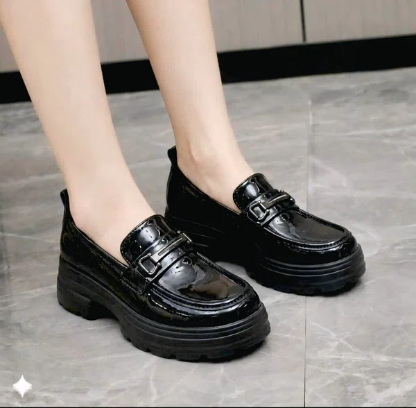 Women's Patent Chunky Loafers with Silver Chain - Black - Available at AfnoBazar Nepal