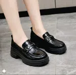 Women's Patent Chunky Loafers with Silver Chain - Black - Available at AfnoBazar Nepal