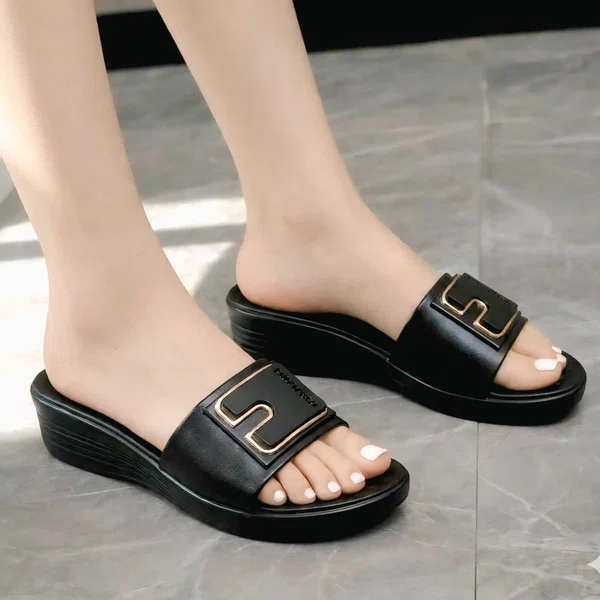 Women's Soft Leather Wedge Slide Sandals with Gold Buckle - Black and Cream - Available at AfnoBazar Nepal