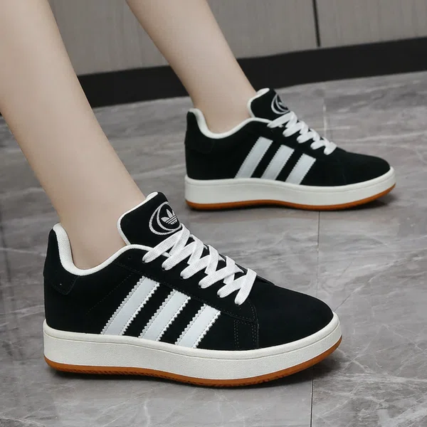 Women's Suede Three-Stripe Sneakers with Gum Sole - Black and White - Available at AfnoBazar Nepal