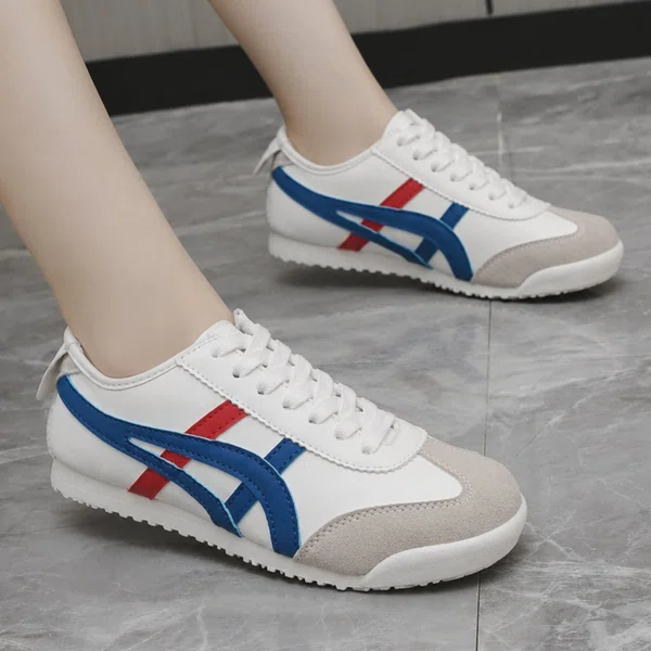 Women's Retro Sneakers with Side Stripes - White, Blue and Red - Available at AfnoBazar Nepal