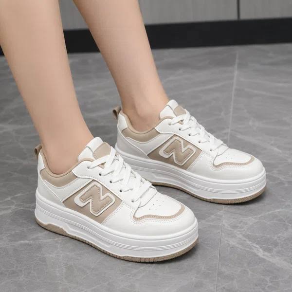 Women's Leather Platform Casual Sneakers - Khaki - Available at AfnoBazar Nepal