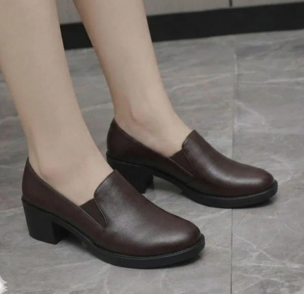 Women's Soft Leather Block Heel Pumps for Office and Casual Wear - Brown - Available at AfnoBazar Nepal