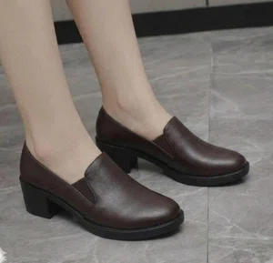 Women's Soft Leather Block Heel Pumps for Office and Casual Wear - Brown - Available at AfnoBazar Nepal