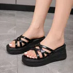 Women's White Criss-Cross Platform Wedge Slides - Black - Available at AfnoBazar Nepal