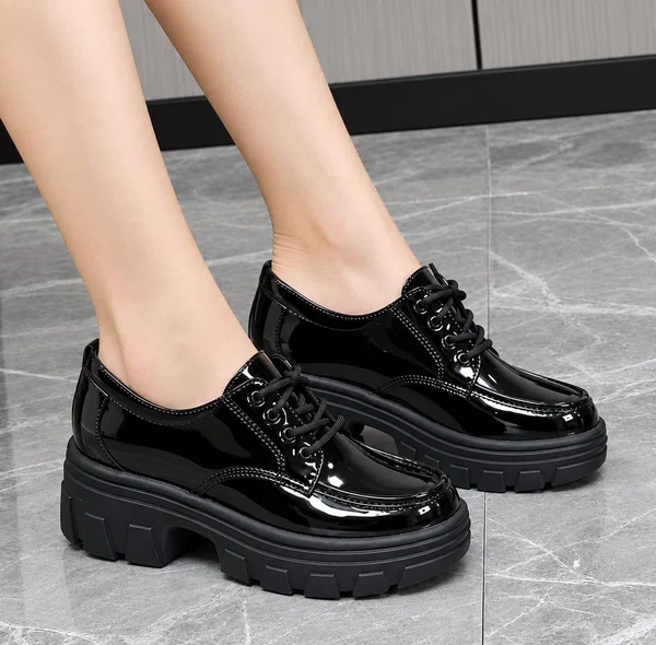 Women's Patent Leather Lace-Up Platform Shoes - Black - Available at AfnoBazar Nepal