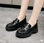 Women's Patent Chunky Loafers with Silver Chain - Black - Available at AfnoBazar Nepal