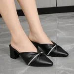 Women's Rhinestone Knot Pointed Toe Block Heel Mules - Black - Available at AfnoBazar Nepal