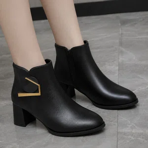 Women's Gold Accent Block Heel Ankle Boots - Available at AfnoBazar Nepal