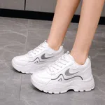 Women's Korean Style Wedge Heel Sneakers with Grey Curve Panel - White - Available at AfnoBazar Nepal