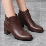 Women's Leather Ankle Boots with Gold Buckle Block Heel - Available at AfnoBazar Nepal