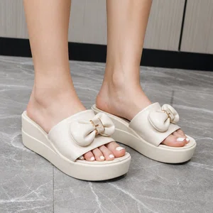 Women's Bow Wedge Platform Slip-On Sandals - Cream - Available at AfnoBazar Nepal