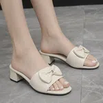 Women's Bow Block Heel Slip-On Sandals - Cream - Available at AfnoBazar Nepal