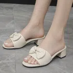 Women's Bow Block Heel Slip-On Sandals - Cream - Available at AfnoBazar Nepal