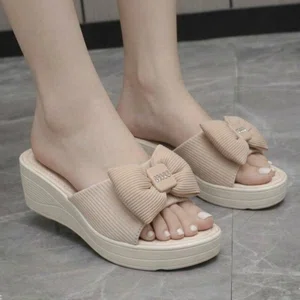 Women's EVA Wedge Slides with Knotted Bow - Beige - Available at AfnoBazar Nepal