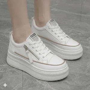 Women's Korean Style Platform Sneakers with Side Zip - White - Available at AfnoBazar Nepal