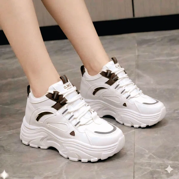 Women's Korean Style Wedge Heel Sneakers with Brown Accents - White - Available at AfnoBazar Nepal