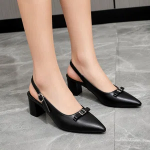 Women's Black Pointed Toe Buckle Slingback Block Heel Pumps - Available at AfnoBazar Nepal