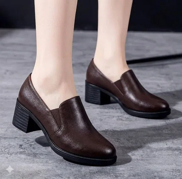 Women's Leather Block Heel Pumps for Office and Casual Wear - Coffee - Available at AfnoBazar Nepal