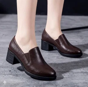 Women's Leather Block Heel Pumps for Office and Casual Wear - Coffee - Available at AfnoBazar Nepal