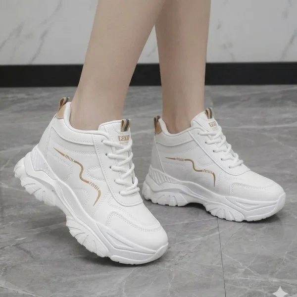 Women's Korean Style Wedge Heel Sneakers with Gold Wave Stripe - White - Available at AfnoBazar Nepal