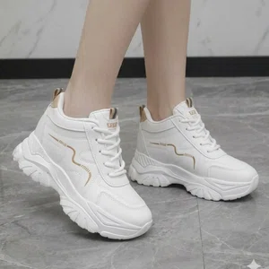 Women's Korean Style Wedge Heel Sneakers with Gold Wave Stripe - White - Available at AfnoBazar Nepal