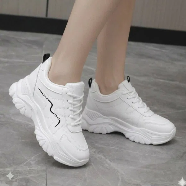 Women's Korean Style Wedge Heel Sneakers with Black Wave Stripe - White - Available at AfnoBazar Nepal