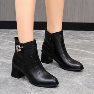 Women's Black Croc-Texture Leather Buckle Ankle Boots - Available at AfnoBazar Nepal