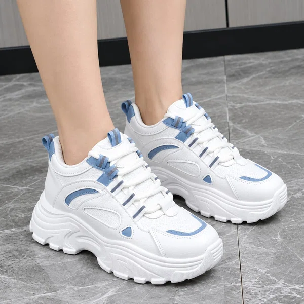 Women's Korean Style Wedge Heel Sneakers with Blue Accents - White - Available at AfnoBazar Nepal