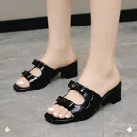 Women's Patent Two-Strap Bow Block Heel Mules - Black - Available at AfnoBazar Nepal