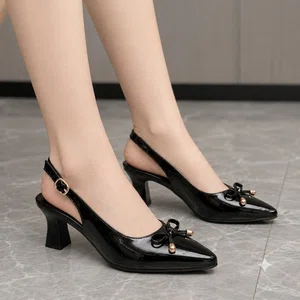 Women's Patent Pointed Toe Slingback Heels with Pearl Bow - Black - Available at AfnoBazar Nepal