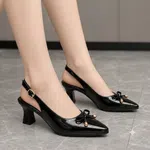 Women's Patent Pointed Toe Slingback Heels with Pearl Bow - Black - Available at AfnoBazar Nepal