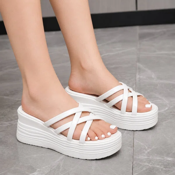 Women's White Criss-Cross Platform Wedge Slides - Available at AfnoBazar Nepal
