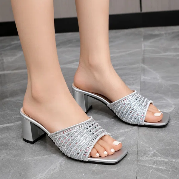 Women's Rhinestone Square Toe Block Heel Mules - Available at AfnoBazar Nepal