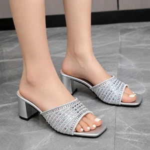 Women's Rhinestone Square Toe Block Heel Mules - Available at AfnoBazar Nepal