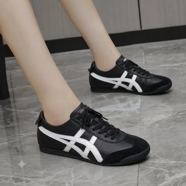 Women's Leather Retro Sneakers with Side Stripes - Black and White - Available at AfnoBazar Nepal